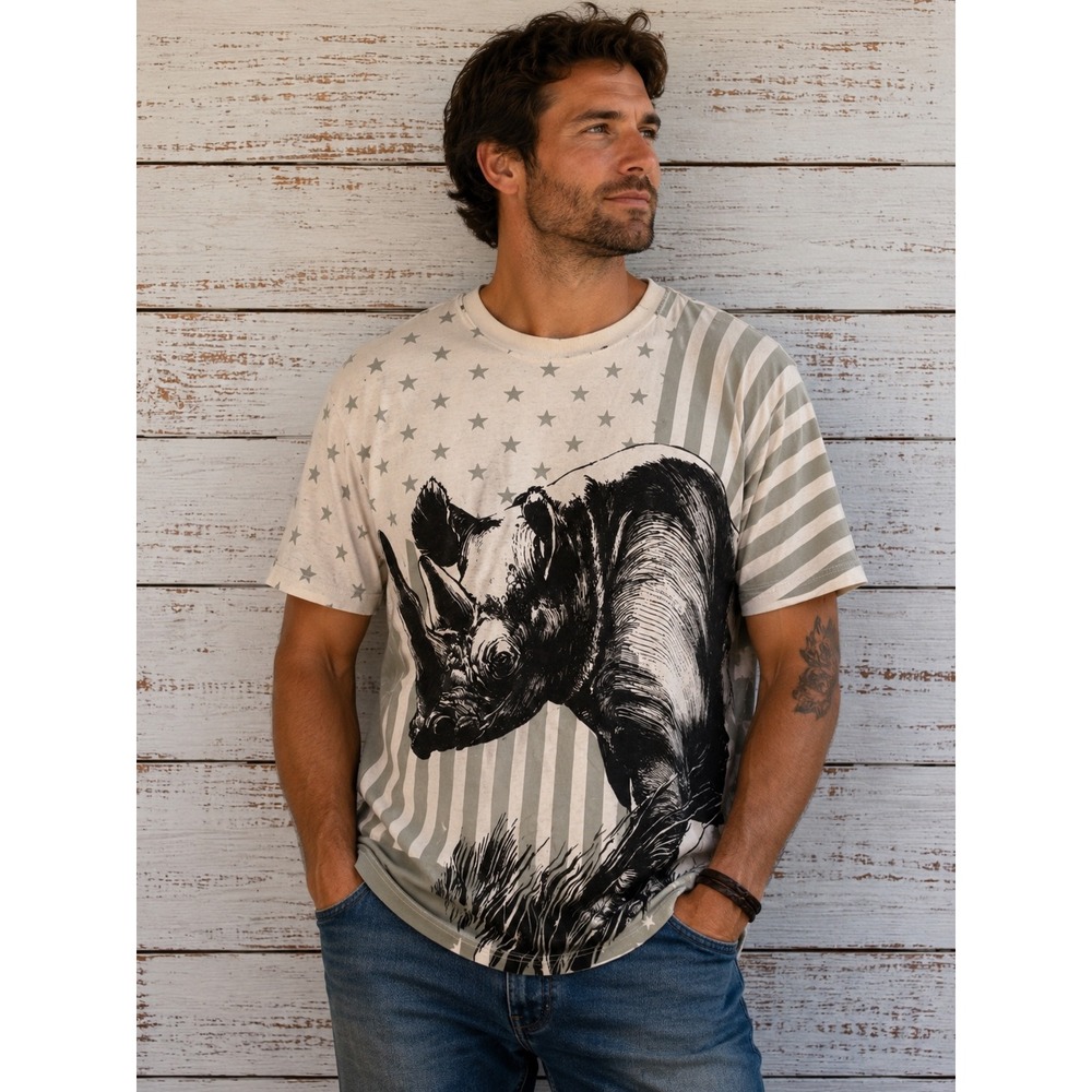 Ecko Unltd T-Shirt Mens 2XL White Gray Rhino Flag Graphic Stars Stripes Cotton